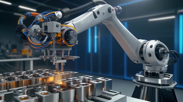 Robotic arm with intricate details working on a production line with metallic components