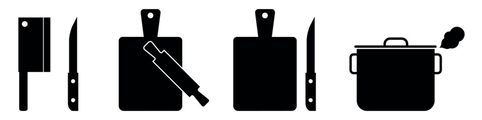 Meat cleaver, knife. Cutting board, rolling pin. Saucepan cooks, steam. Flat vector illustration isolated on white