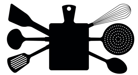 Cutting board. Whisk, ladle, spatula, spoon, colander, sieve. Kitchen utensils black silhouette set. Flat vector illustration isolated on white background.