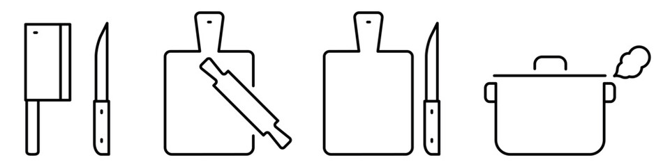 Meat cleaver, knife. Cutting board, rolling pin. Saucepan cooks, steam. Line icon set. Editable stroke. Flat vector illustration isolated on white background.