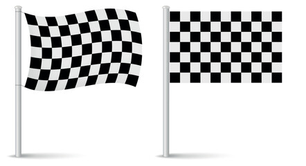 Finish map pointer pin flags. Straight and wavy flags. Checkered racing flag. 3D realistic vector illustration isolated on white.