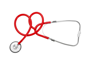 Red heart-shaped stethoscope for healthcare, isolated on white, PNG