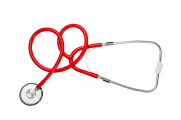 Red heart-shaped stethoscope for healthcare, isolated on white, PNG