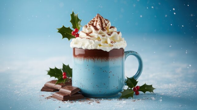 Festive blue mug of hot chocolate topped with whipped cream and holly