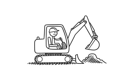 Stick Figure Operating Excavator - Simple Construction Illustration.