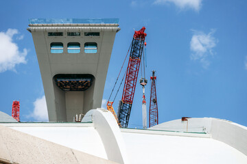 Montreal, Canada - 14 August 2025: Construction cranes near the Olympic Stadium Tower