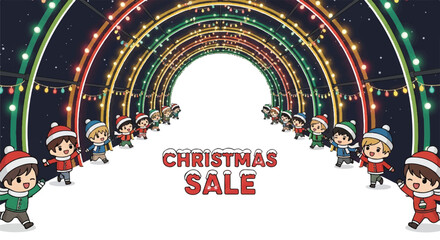 Christmas sale illustration with cartoon children wearing Santa hats standing under an archway of colorful lights.