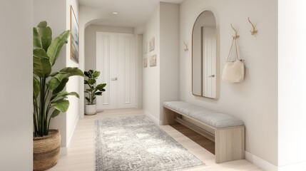 Elegant entryway with plants mirror bench and rug creating a welcoming ambiance