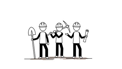 Illustration of construction workers with tools on white background.