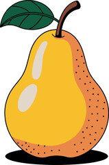 Illustration of a yellow pear with a green leaf and stem
