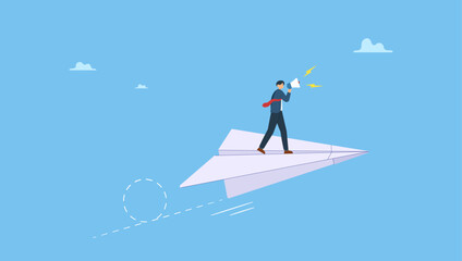 Businessman on origami airplane shouting or announce message on megaphone. Communication, announcement or marketing message, loud speaker promotion notice or communicate important information.