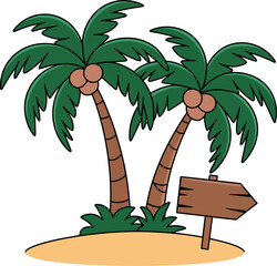 Two palm trees on an island with a wooden sign cartoon