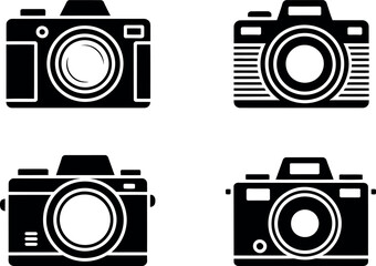 Four camera illustrations in black and white arrangement