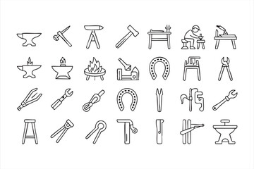 Metalworking hammer and tongs icon collection for industrial use