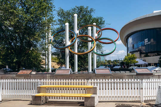 Montreal, Canada, 14 August 2025 - Olympic rings sculpture at Parc Olympique