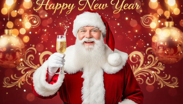 Santa Claus holding champagne glass with festive sparkle against bright red Christmas backdrop with warm golden bokeh lights, joyful winter holiday celebration mood
