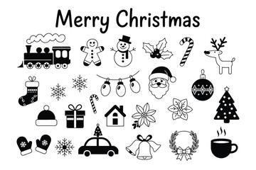 Black and white christmas doodles with merry christmas text