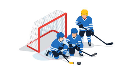 Obraz premium Ice hockey team players in blue jerseys with sticks and goal net in sports illustration for game strategy concepts