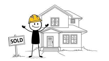 Cartoon Stick Figure Celebrating Home Sale with Hard Hat.