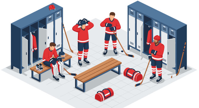 Ice hockey locker room scene with players preparing for game in team uniforms