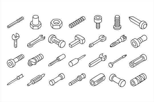 Isometric hardware fastener icon set for construction and engineering