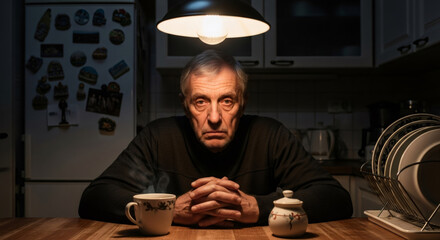 Older man suffering from insomnia. Senior age male in despair feeling lonely, depression. Melancholy, sadness, mental health concept.