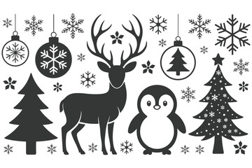 Christmas themed silhouettes with reindeer and penguin art