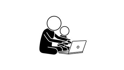 Stick Figure Illustration of Parent and Child Using Laptop.