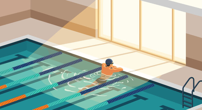 Swimmer practicing laps in indoor pool with sunlight streaming through windows - Powered by Adobe