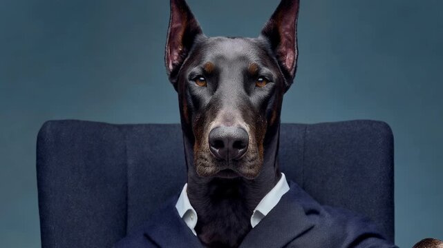 A stylish dog in a sharp suit poses against a clean blue background looking like a serious executive combining humor confidence personality and fashion ideal for playful business concepts br