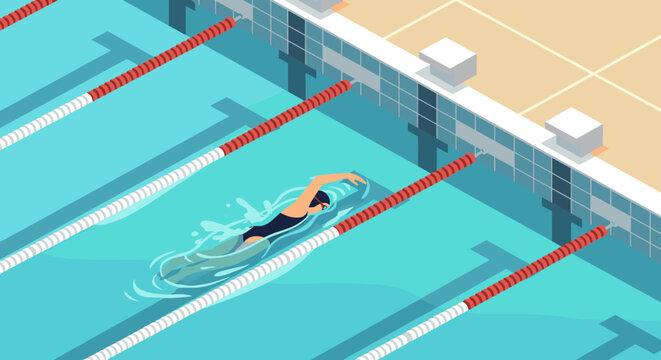 Competitive swimming pool illustration featuring swimmer in lane for sports or fitness concept design