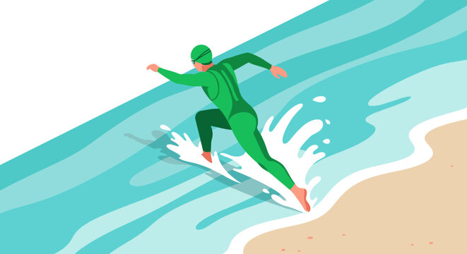 Illustration of a surfer riding the waves in green wetsuit for summer adventure design