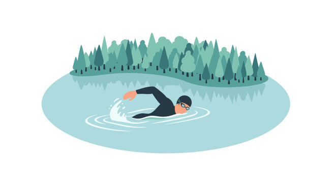 Open water swimming adventure in tranquil lake surrounded by forest for music festival poster design