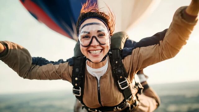 A joyful woman skydiver in goggles and suit flies close to the camera above bright clouds smiling with pure excitement and freedom ideal for extreme sports advertising travel experiences and