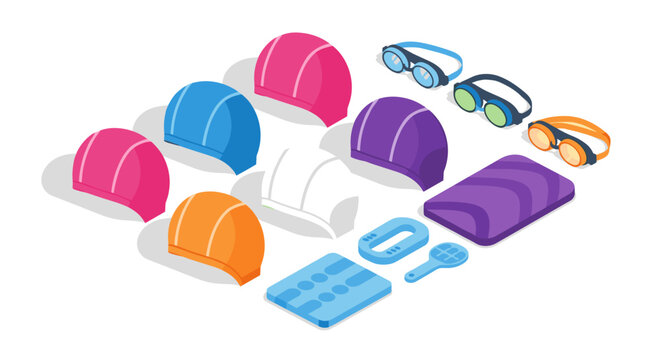 Swimming gear collection with goggles, caps, and training accessories for water sports enthusiasts