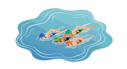 Competitive swimming team illustration with three swimmers in pool - ideal for sports design