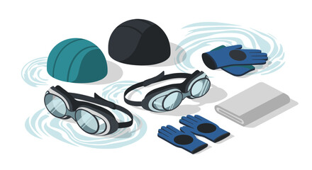 Swimming gear collection with goggles, caps, gloves, and towel for water sports enthusiasts