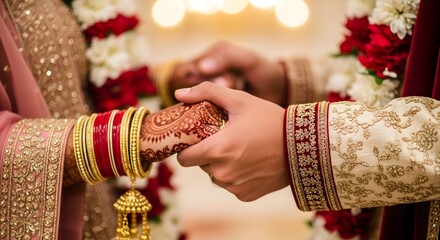 Indian bride and groom holding hands during wedding ceremony