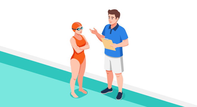 Swim coach discussing strategy with swimmer at poolside - training and guidance concept