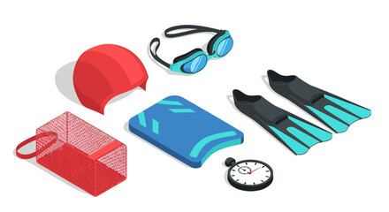 Swimming gear essentials for training and practice: cap, goggles, fins, kickboard, and stopwatch