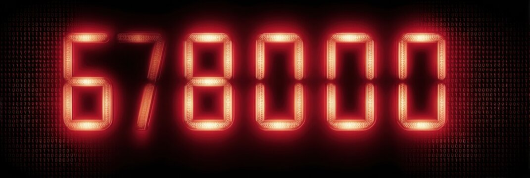 Digital Display Showing Bright Red Numbers in a Dark Background, Showcasing the Value of Six Hundred Seventy-Eight Thousand in a Modern Design Aesthetic