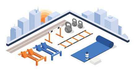 Urban rooftop bootcamp fitness scene at sunrise featuring sports equipment for outdoor training
