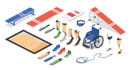 Isometric paralympic sports equipment set with track, prosthetics, and wheelchair for inclusive athletic design