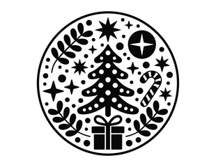 Christmas tree gift and candy cane in circular arrangement