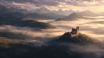 Fototapeta premium Majestic Castle on Mountain Hill Surrounded by Misty Forest and Mountain Range at Sunrise
