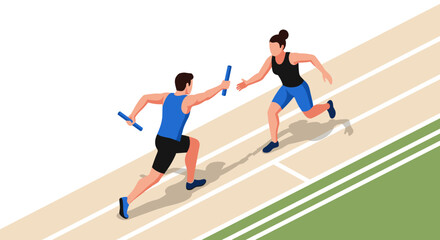 Fototapeta premium Relay race runners passing baton on track - sports competition vector illustration for poster or flyer design