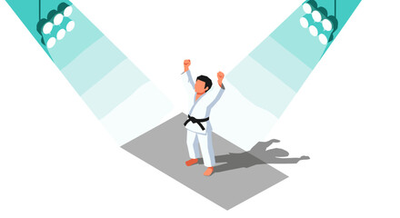 Karate champion celebrates victory on stage with spotlight in martial arts concept