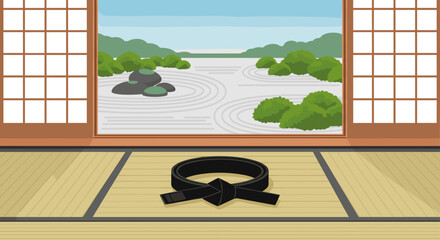 Japanese dojo and zen garden scene with black belt on tatami mat