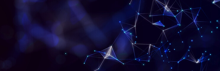 Structure of connected lines and dots. Wireframe polygonal elements on a dark background. Science and technology. 3d