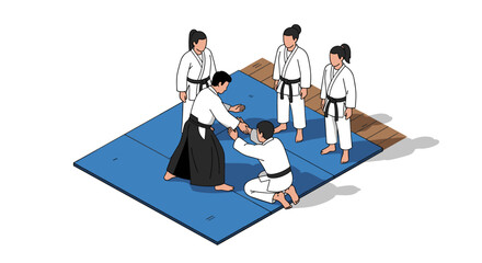 Martial arts training session with sensei guiding students on tatami mats for self defense instruction